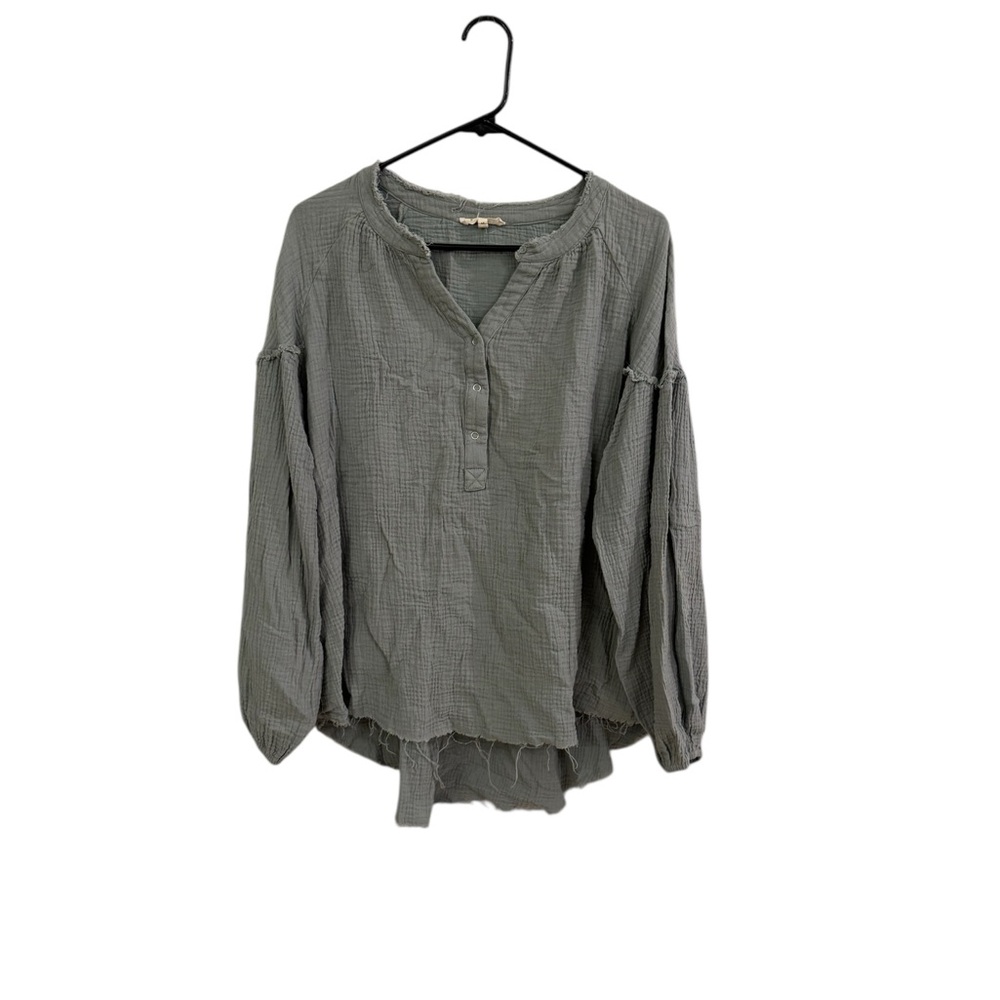 Green Relaxed Button Down Blouse with Mandarin Collar